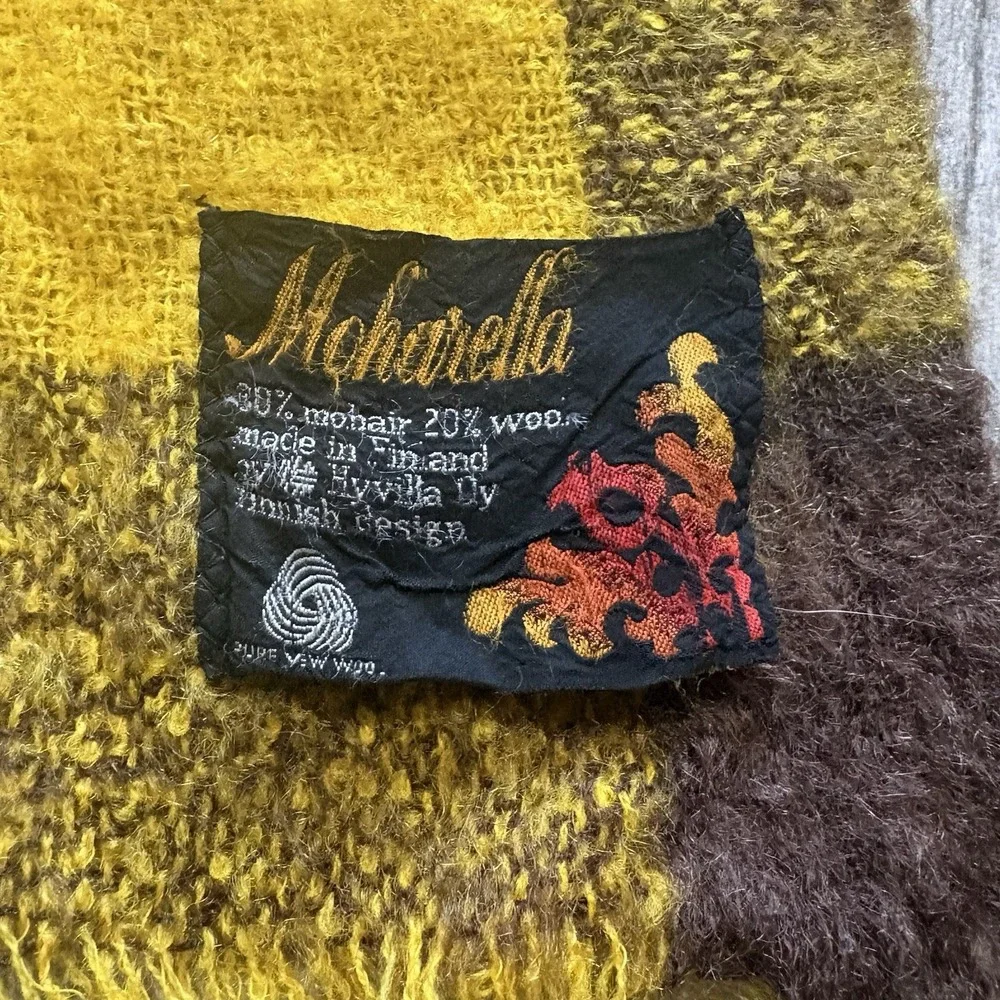 Vtg Mohair & Wool Throw Blanket Yellow Brown Red Fringe 60x48